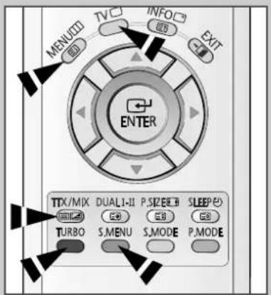 MENU TV INFO EXIT ENTER TTX/MIX DUAL 1-II P.SIZE 8.0 SLEEP 20 TURBO S.MENU S.MODE P.MODE
