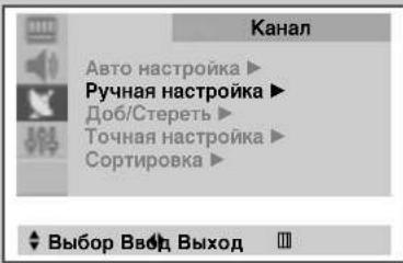 Канал Авто настройка ▶ Ручная настройка ▶ Доб/Стереть ▶ Точная настройка ▶ Сортировка ▶ ◀ Выбор Ввод Выход Ⅲ