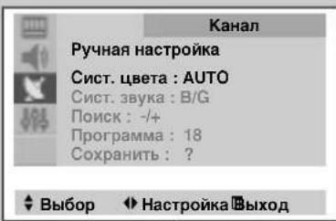Канал Ручная настройка Сист. цвета : AUTO Сист. звука : B/G Поиск: -/+ Программа : 18 Сохранить : ? Выбор Настройка Выход