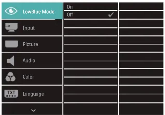 LowBlue Mode On Off Input Picture Audio Color Language ✓