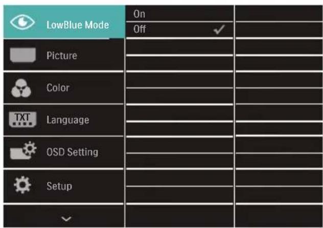 LowBlue Mode On Off Picture Color Language OSD Setting Setup