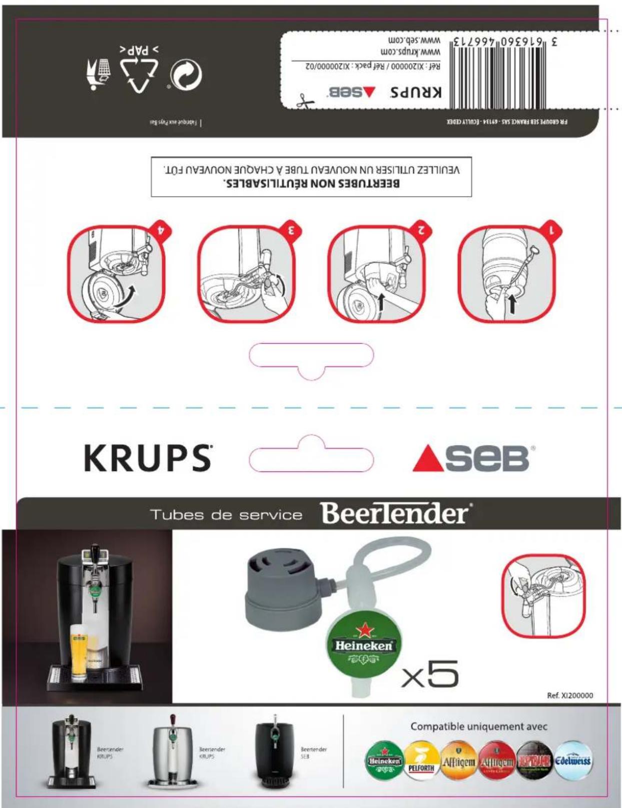 PR GROUPS SEE PRANKS SAS - 64714 - EQUITY GREEN REF: X120000 / Ref: X120000/02 3 616360 466713 KRUPS SEB BEERTUBES NON REUTILISABLES. VEUILLEZ UTILISER UN NOUVEAU TYPE A CHARGE NOUVEAU FOT. KRUPS SEB Tubes de service Beertender® x5 Ref. XI200000 Compatible uniquement avec Heineken PELFORTH Altrigem Altrigem RDTME Cdeleweiss