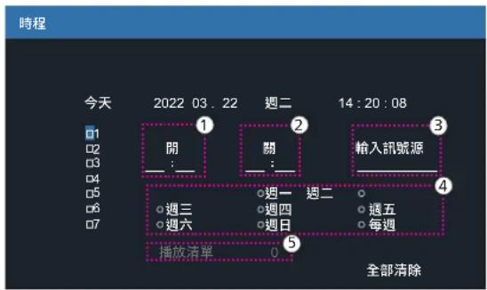 時程 今天 2022 03.22 週二 14:20:08 1 開 關 輸入訊號源 :__ _:__ _:__ _:__ _:__ 週三 週一 週二 週五 週六 週四 週日 每週 播放清單 0 全部清除