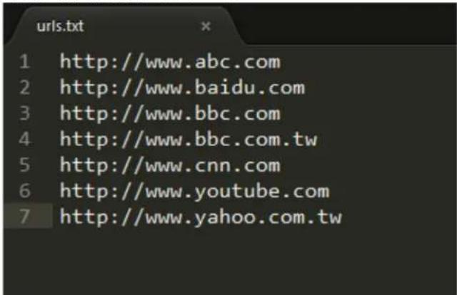urls.txt 1 http://www.abc.com 2 http://www.baidu.com 3 http://www.bbc.com 4 http://www.bbc.com.tw 5 http://www.cnn.com 6 http://www.youtube.com 7 http://www.yahoo.com.tw