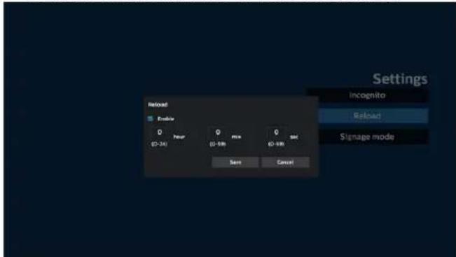 Reload Enable 0 Gray 0 Fms 0 Sor (0-34) (0-59) (0-89) Sor Cancel Settings Incognito Reload Signage mode