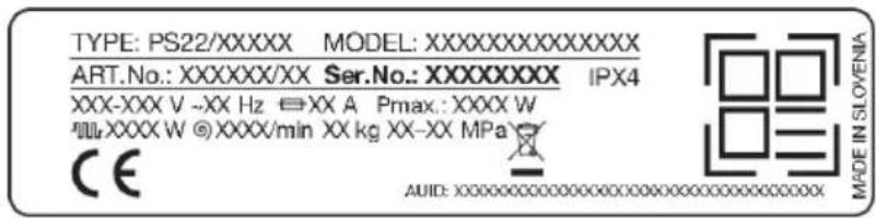TYPE: PS22/XXXXX MODEL:XXXXXXXXXXXXXX ART.No.: XXXXXX/XX Ser.No.:XXXXXXXX IPX4 XXX-XXX V -XX Hz ☐XX A Pmax.: XXXX W XXXX W ©XXXX/min XX kg XX-XX MPa CE AUD: X0000000000000000000000000000000000000000000000000000000000000000000000000000000000000000000000000000 MADE IN SLOVENIA