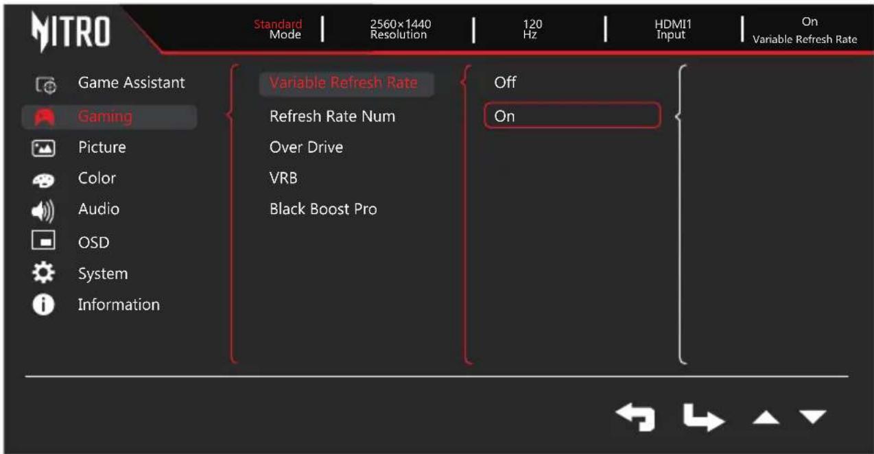 MITRO Standard Mode | 2560x1440 Resolution | 120 Hz | HDMI1 Input | On Variable Refresh Rate Game Assistant Gaming Picture Color Audio OSD System Information Variable Refresh Rate Refresh Rate Num Over Drive VRB Black Boost Pro Off On