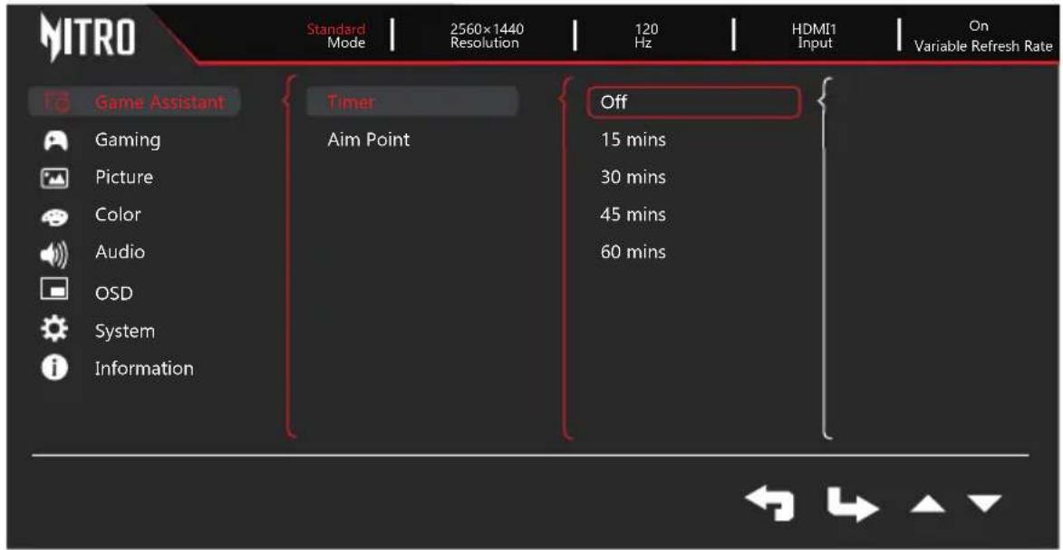 MITRO Standard Mode | 2560x1440 Resolution | 120 Hz | HDMI1 Input | On Variable Refresh Rate Game Assistant Gaming Picture Color Audio OSD System Information Timer Aim Point Off 15 mins 30 mins 45 mins 60 mins