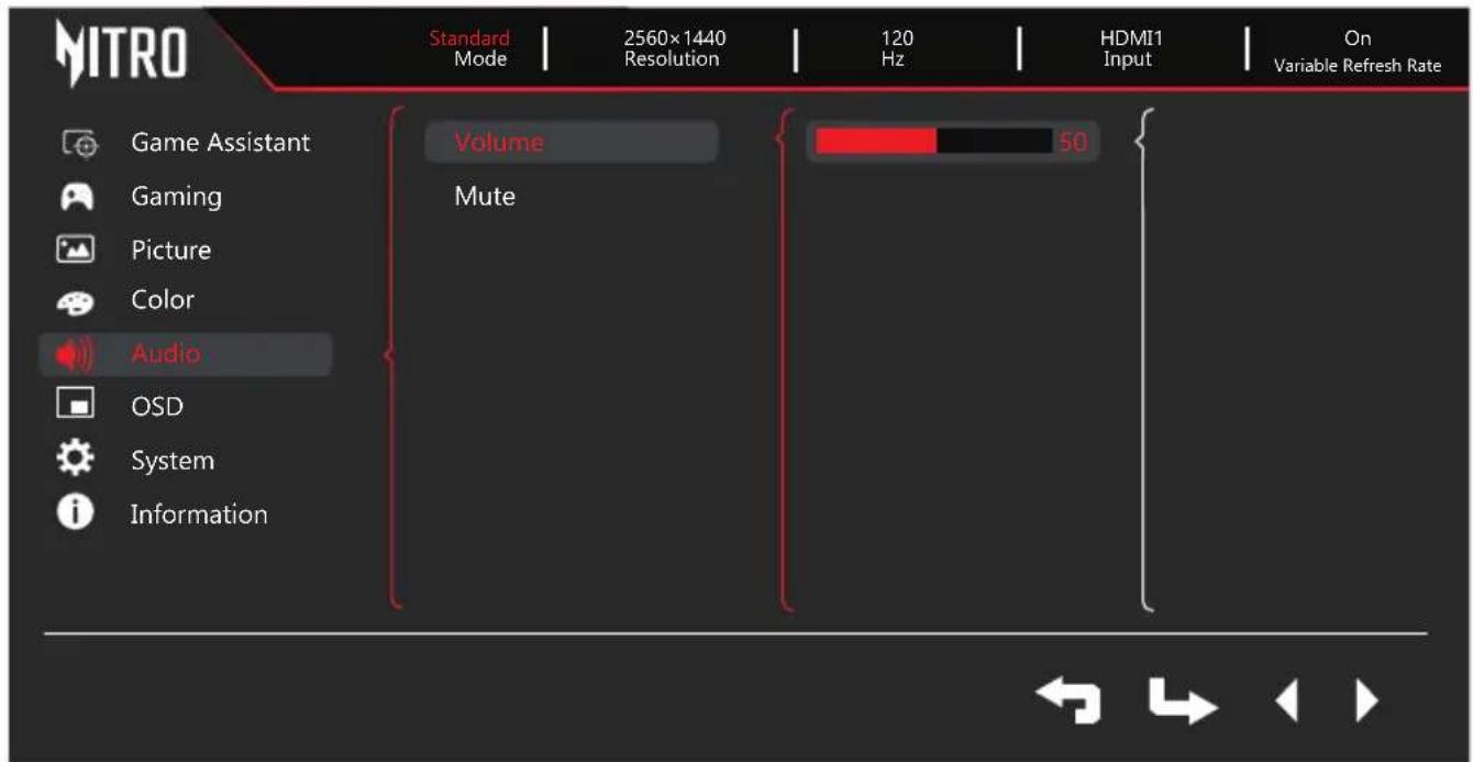 MITRO Standard Mode | 2560x1440 Resolution | 120 Hz | HDMI1 Input | On Variable Refresh Rate Game Assistant Gaming Picture Color Audio OSD System Information Volume Mute 50