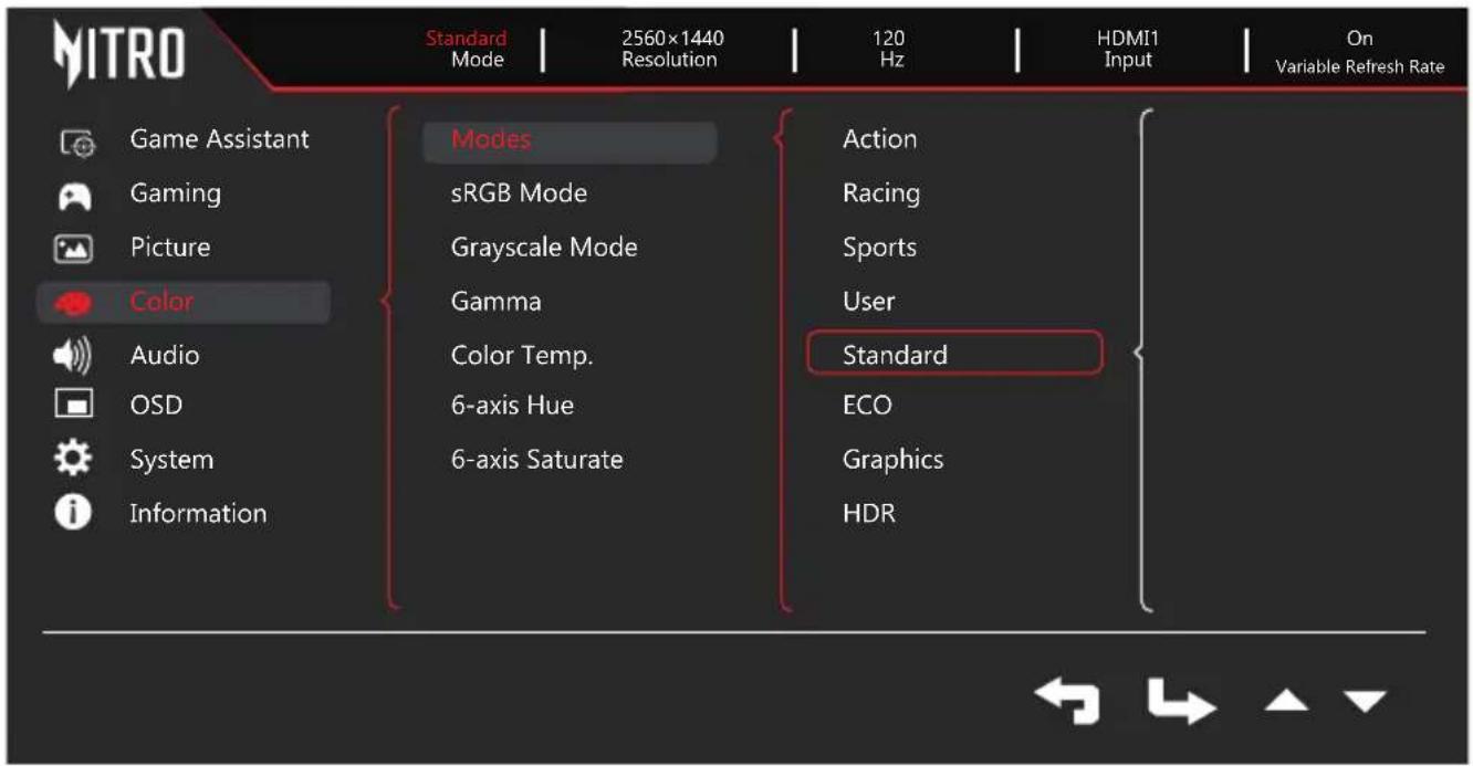 MITRO Standard Mode | 2560×1440 Resolution | 120 Hz | HDMI1 Input | On Variable Refresh Rate Game Assistant Gaming Picture Color Audio OSD System Information Modes sRGB Mode Grayscale Mode Gamma Color Temp. 6-axis Hue 6-axis Saturate Action Racing Sports User Standard ECO Graphics HDR