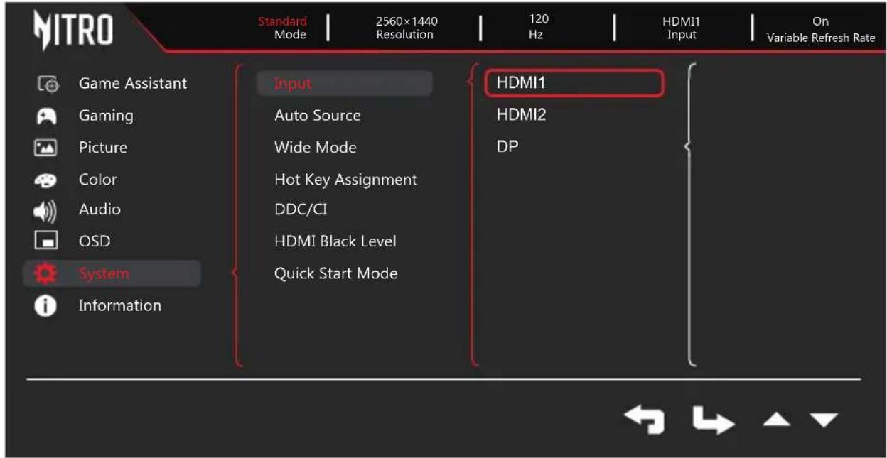 NITRO Standard Mode | 2560×1440 Resolution | 120 Hz | HDMI1 Input | On Variable Refresh Rate Game Assistant Gaming Picture Color Audio OSD System Information Input Auto Source Wide Mode Hot Key Assignment DDC/CI HDMI Black Level Quick Start Mode HDMI1 HDMI2 DP
