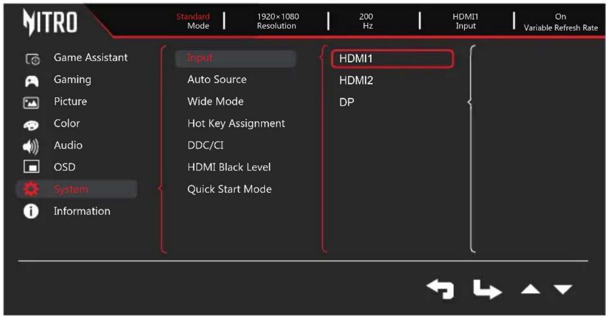NITRO Standard Mode | 1920×1080 Resolution | 200 Hz | HDMI1 Input | On Variable Refresh Rate Game Assistant Gaming Picture Color Audio OSD System Information Input Auto Source Wide Mode Hot Key Assignment DDC/CI HDMI Black Level Quick Start Mode HDMI1 HDMI2 DP
