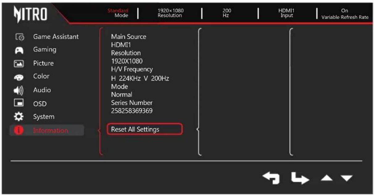 MITRO Standard Mode | 1920×1080 Resolution | 200 Hz | HDMI1 Input | On Variable Refresh Rate Game Assistant Gaming Picture Color Audio OSD System Information Main Source HDMI1 Resolution 1920X1080 H/V Frequency H 224KHz V 200Hz Mode Normal Series Number 258258369369 Reset All Settings