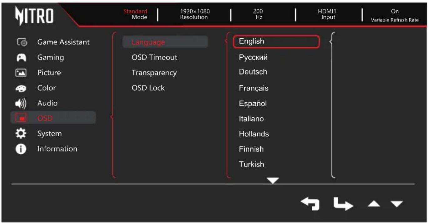 MITRO Standard Mode | 1920x1080 Resolution | 200 Hz | HDMI1 Input | On Variable Refresh Rate Game Assistant Gaming Picture Color Audio OSD System Information Language OSD Timeout Transparency OSD Lock English Русский Deutsch Français Español Italiano Hollands Finnish Turkish