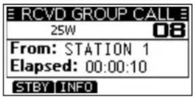 RCVD GROUP CALL 25W 08 From: STATION 1 Elapsed: 00:00:10 STBY INFO