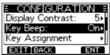 CONFIGURATION Display Contrast: 5 Key Beep: On Key Assignment EXIT BACK ENT