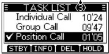 TASK LIST (3) Individual Call 10'24 Group Call 09'47 ✓ Position Call 01'05 STBY INFO DEL HOLD