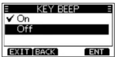 KEY BEEP ✓ On Off EXIT BACK ENT