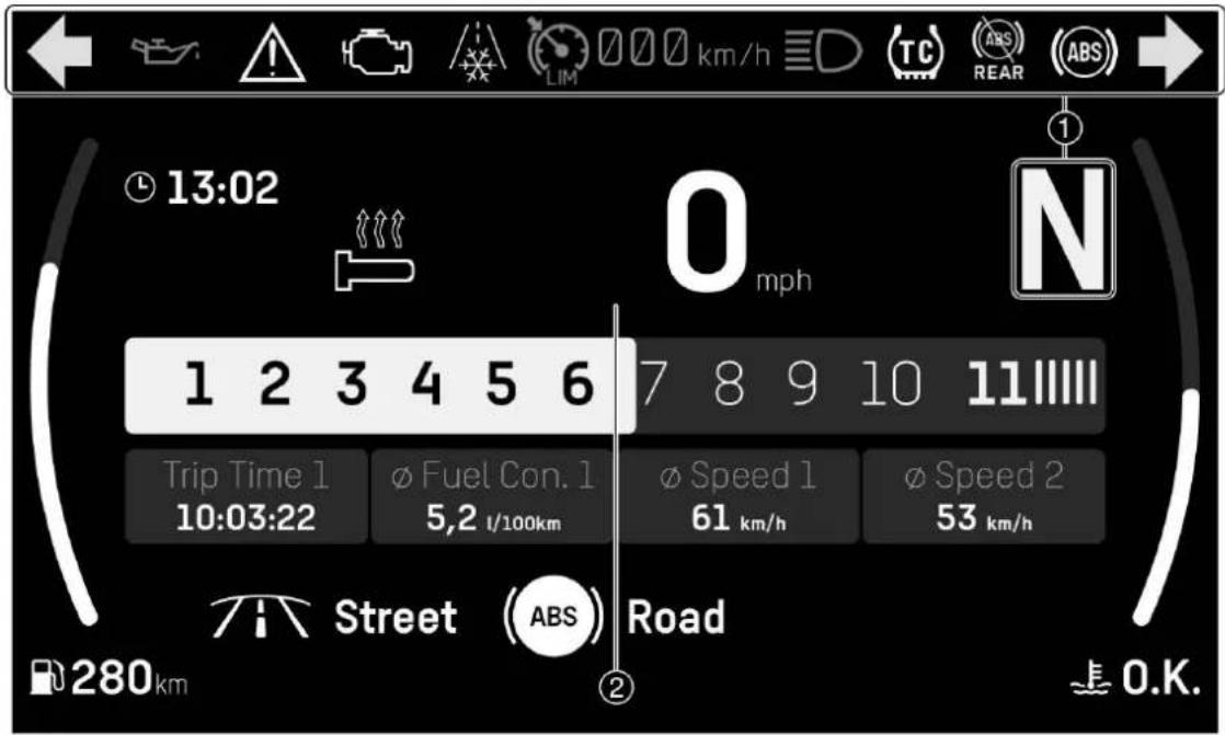 13:02 1 2 3 4 5 6 7 8 9 10 11 Trip Time 1 10:03:22 ø Fuel Con. 1 5,2 t/100km ø Speed 1 61 km/h ø Speed 2 53 km/h Street (ABS) Road 280km Road 0.K.