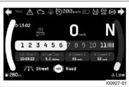 13:02 0 km/h N 1 2 3 4 5 6 7 8 9 10 11 Trip Time 1 10:03:22 d-Fuel Con. 1 5,2 mph d Speed 1 61 mph d Speed 2 53 mph Street (ABS) Road 280km Low 100927-01