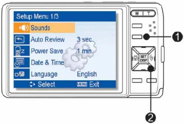 Setup Menu 1/3 Sounds Auto Review 3 sec. Power Save 1 min. Date & Time Language English Select MENU Exit