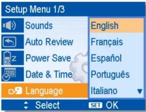 Setup Menu 1/3 Sounds Auto Review Power Save Date & Time Language English Français Español Português Italiano Select SET OK