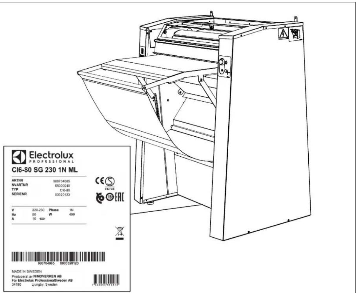 Electrolux PROFESSIONAL CI6-80 SG 230 1N ML ARTNR 988704065 NVARTNR 55000040 TYP CI6-80 SERIENR 03320123 V 220-230 Phase 1N Hz 50 W 400 A 10 CE S Intertek EAC 988704065 0003320123 MADE IN SWEDEN Producerat av NIMOVERKEN AB For Electrolux ProfessionalSweden AB 34180 Ljungby, Sweden