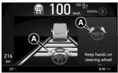 120 100 100 km/h NORMAL D A 216 km Keep hands on steering wheel 23°C 8:30 PM