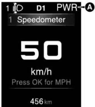 1 D1 PWR-A 1 Speedometer 50 km/h Press OK for MPH 456 km