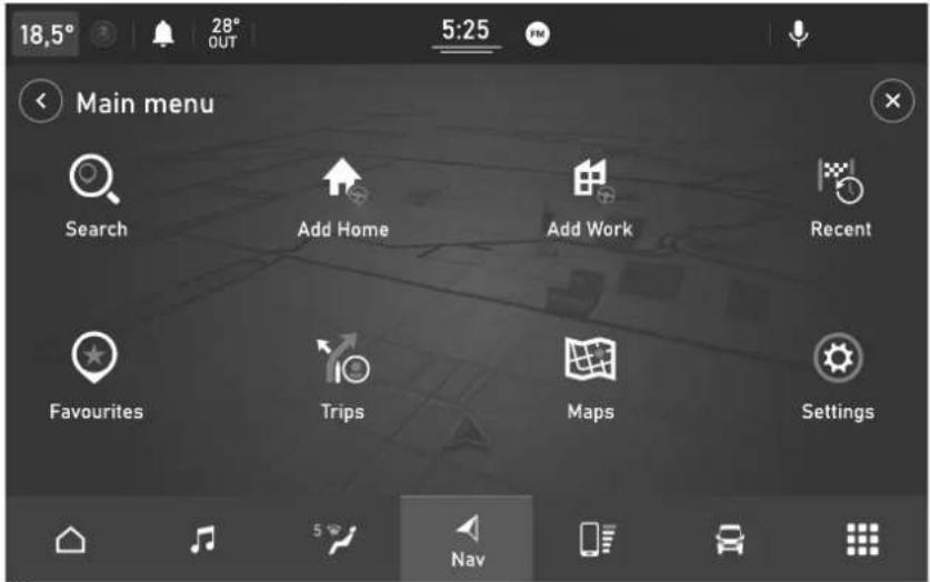 18.5° 28° OUT 5:25 Main menu Search Add Home Add Work Recent Favourites Trips Maps Settings Nav