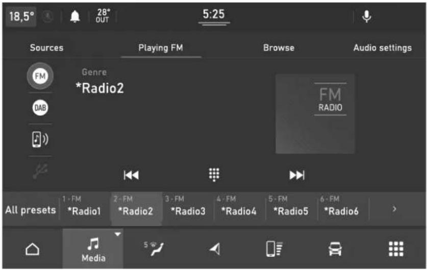 18,5° 28° OUT 5:25 Sources Playing FM Browse Audio settings FM Genre *Radio2 OAB FM RADIO All presets 1 - FM *Radio1 2 - FM *Radio2 3 - FM *Radio3 4 - FM *Radio4 5 - FM *Radio5 6 - FM *Radio6 Media