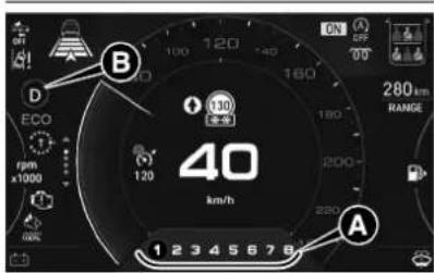D ECO rpm x1000 120 130 120 40 km/h 280km RANGE ON OFF A B 1 2 3 4 5 6 7 8