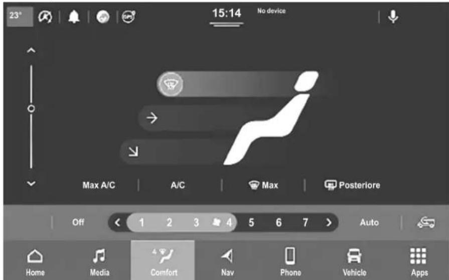 23° 15:14 No device Max A/C A/C Max Posterlore Off < 1 2 3 4 5 6 7 > Auto Home Media Comfort Nav Phone Vehicle Apps