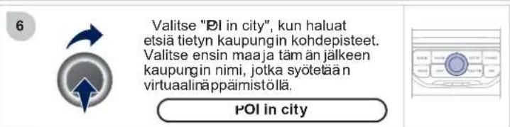 6 Valitse "PI in city", kun haluat etsiä tietyn kaupungin kohdepisteet. Valitse ensin maaja täm än jälkeen kaupungin nimi, jotka syötetään virtuaalinäppäimistöllä. POI in city