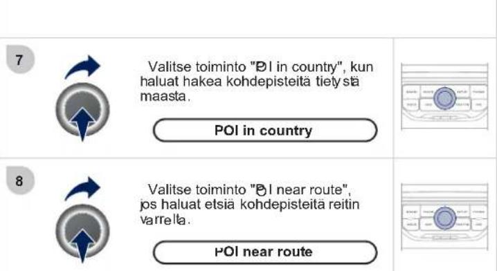 7 Valitse toiminto "POI in country", kun haluat hakea kohdepisteitä tietystä maasta. POI in country 8 Valitse toiminto "POI near route", jos haluat etsiä kohdepisteitä reitin varrella. POI near route