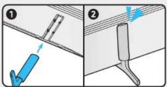 Diagram illustrating two steps of a mechanical or structural assembly, labeled ① and ②, with blue arrows indicating direction.