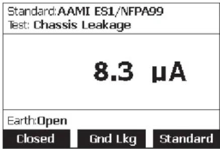 Standard:AAMI ES1/NFPA99 Test: Chassis Leakage 8.3 µA Earth:Open Closed Gnd Lkg Standard