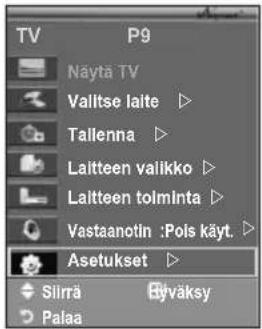 TV P9 Näytä TV Valitse laite ▶ Tailenna ▶ Laitteen valikko ▶ Laitteen tolminta ▶ Vastaanotin :Pols käyt. ▶ Asetukset ▶ Slirä Bäväksy Palaa