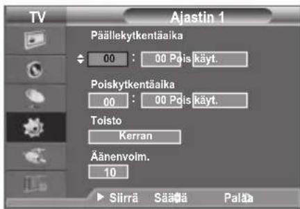 TV Ajastin 1 Päällekytkentäika 00 : 00 Pöis käyt. Poiskytkentäika 00 : 00 Pöis käyt. Tolsto Kerran Äänenvoim. 10 ► Silrrä Sääää Paläa