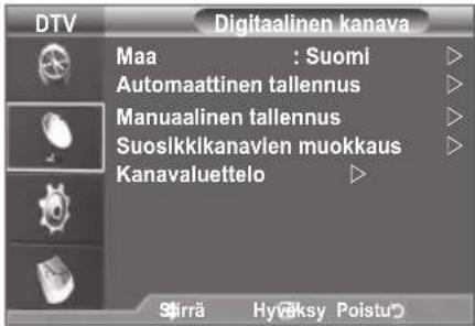 DTV Digitalainen kanava Maa : Suomi Automaattinen tallennus Manuaalinen tallennus Suosikkikanavlen muokkaus Kanavaluettelo Sirrä Hyväksy Poistu