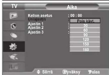 TV Aika Kellon asetus : 00 : 00 Uniajastin : Pois kävt. Ajastin 1 : 30 Ajastin 2 : 60 Ajastin 3 : 90 120 150 180 Silrrä Byväksy Palaa