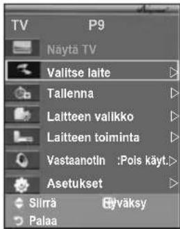 TV P9 Näytä TV Valitse laite Tallenna Laitteen valikko Laitteen toiminta Vastaanotin :Pols käyt.> Asetukset Slirä Elyväksy Palaa