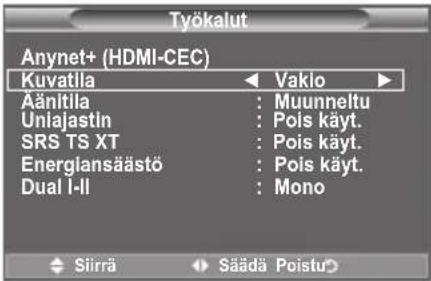 Työkalut Anynet+ (HDMI-CEC) Kuvatilla Vaklo Äänitilla : Muunneltu Unlajastln : Pols käyt. SRS TS XT : Pols käyt. Energlansäästö : Pols käyt. Dual I-II : Mono Siirä Säädä Poistu