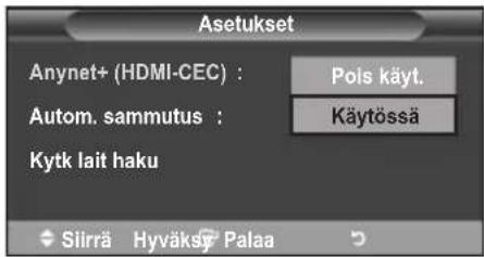Asetukset Anynet+ (HDMI-CEC) : Pois käyt. Autom. sammutus : Käytössä Kytk lait haku Slirä Hyväks Palaa