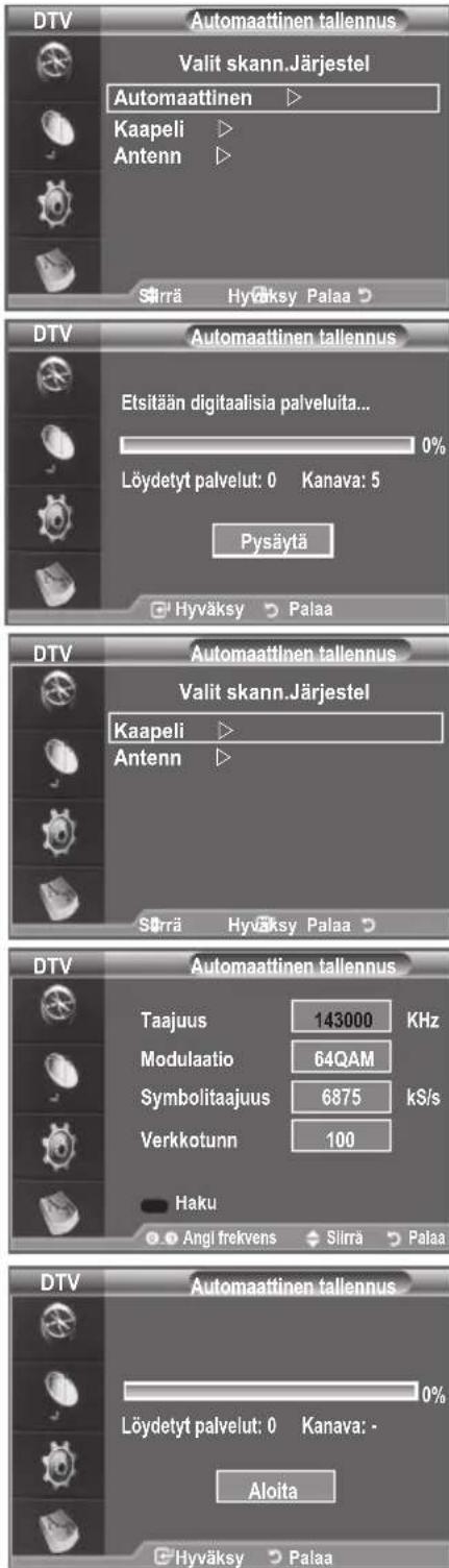 DTV Automaattinen tallennus Valit skann.Järjestel Automaattinen ▶ Kaapeli ▶ Antenn ▶ Sirrä Hyväksy Palaa ▶ DTV Automaattinen tallennus Etsitään digitaalisia palveluita... 0% Löydetyt palvelut: 0 Kanava: 5 Pysäytä Hyväksy Palaa DTV Automaattinen tallennus Valit skann.Järjestel Kaapeli ▶ Antenn ▶ Sirrä Hyväksy Palaa ▶ DTV Automaattinen tallennus Taajuus 143000 KHz Modulaatio 64QAM Symbolitaajuus 6875 kS/s Verkkotunn 100 Haku Angi frekvens Sirrä Palaa DTV Automaattinen tallennus Löydetyt palvelut: 0 Kanava: - Aloita Hyväksy Palaa