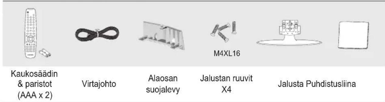 Kaukosäädin & paristot (AAA x 2) Virtajohto Alaosan suojalevy M4XL16 Jalustan ruuvit X4 Jalusta Puhdistusliina