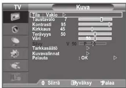 TV Kuva Tila : Vakio ▶ Taustavalo 7 Kontrasti 95 Kirkkaus 45 Terävyys 50 Väri 50 Sävy V 50 P 50 Tarkkasääö Kuvavalinnat Palauta : OK Slirä Hyväksy Palaa