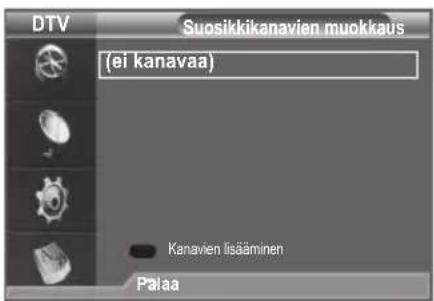 DTV Suosikkikanavien muokkaus (ei kanavaa) Kanavien lisääminen Palaa