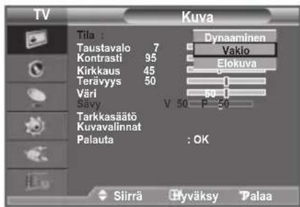 TV Kuva Tita : Tautavalo 7 Kontrasti 95 Kirkkaus 45 Terävyys 50 Väri Sävy Tarkkasääö Kuvavalinnat Palauta : OK Dynaaminen Vaklo Elokuva V 50 P 50 Siirä Hyväksy Palaa