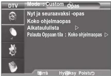 DTV Mode : Custom Opas Nyt ja seuraavaksi -opas Koko ohjelmaopas Alkataulullsta Palauta Oppaan tila : Koko ohjelmaopas Stirra Hyväksy Polstu